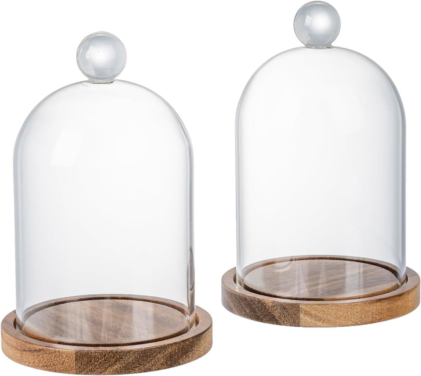 imageMyGift 5 Inch Mini Clear Glass Bell Display Cloches with Premium Acacia Solid Wood Base Decorative Dome Cover Stands for Small Heirloom Jewelry Curios Keepsakes Set of 2