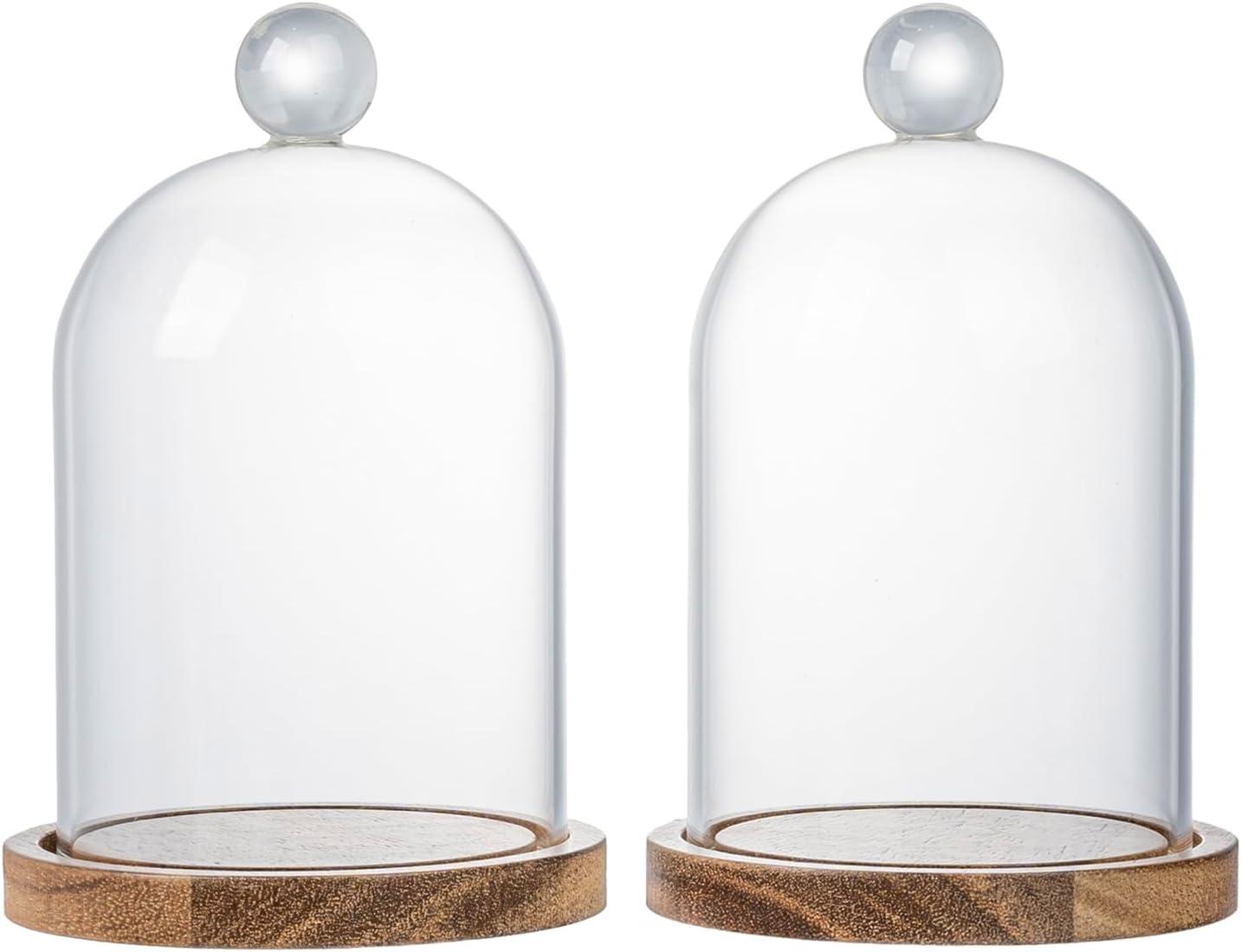 imageMyGift 5 Inch Mini Clear Glass Bell Display Cloches with Premium Acacia Solid Wood Base Decorative Dome Cover Stands for Small Heirloom Jewelry Curios Keepsakes Set of 2