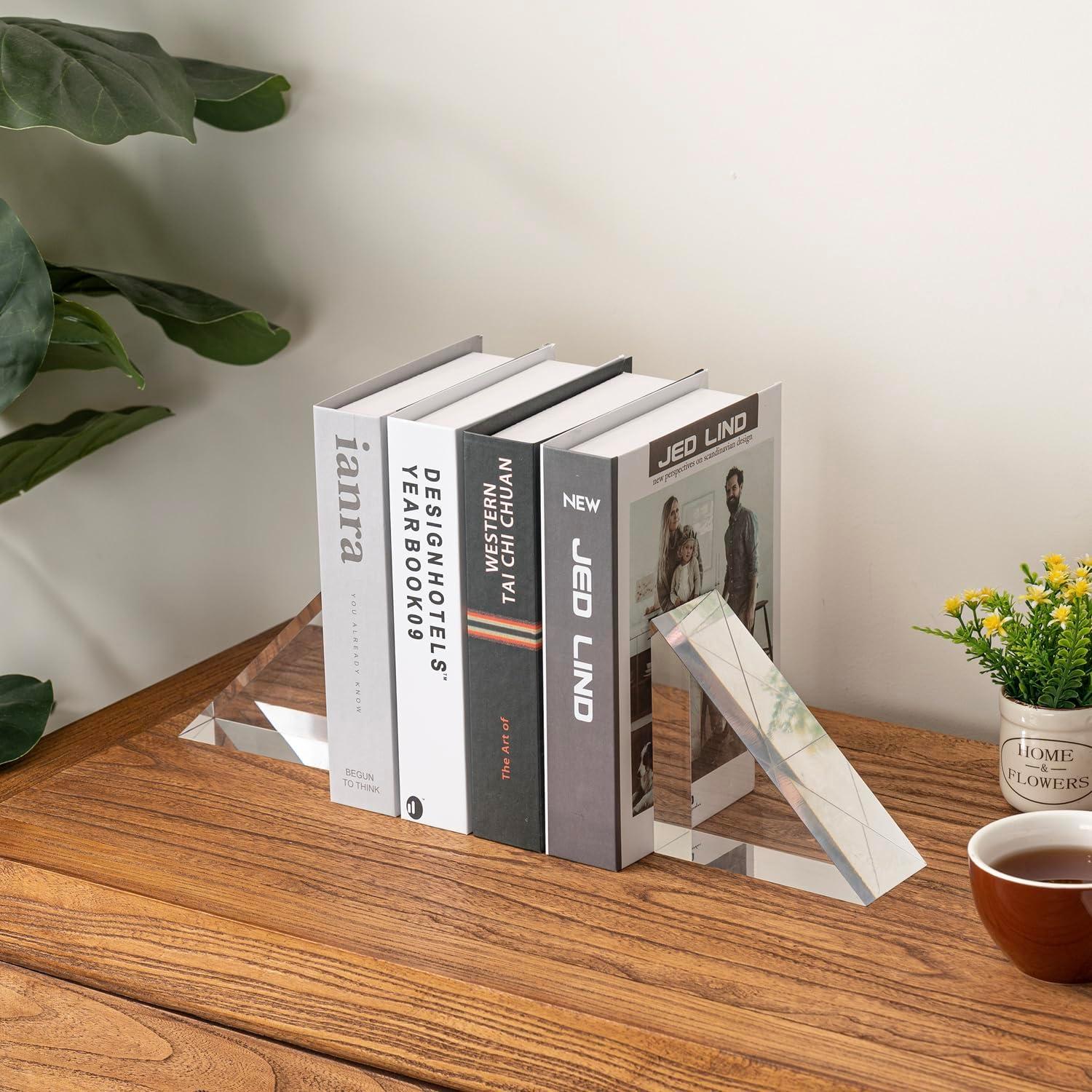 imageMyGift 5 Inch Premium Hotel Style Clear Thick Acrylic Triangle Shaped Bookends Decorative Transparent Triangular Book Stands for Home Office School Desk or Shelf 1 PairAcrylic
