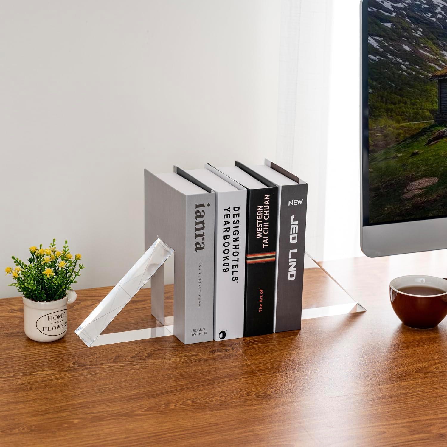imageMyGift 5 Inch Premium Hotel Style Clear Thick Acrylic Triangle Shaped Bookends Decorative Transparent Triangular Book Stands for Home Office School Desk or Shelf 1 PairAcrylic