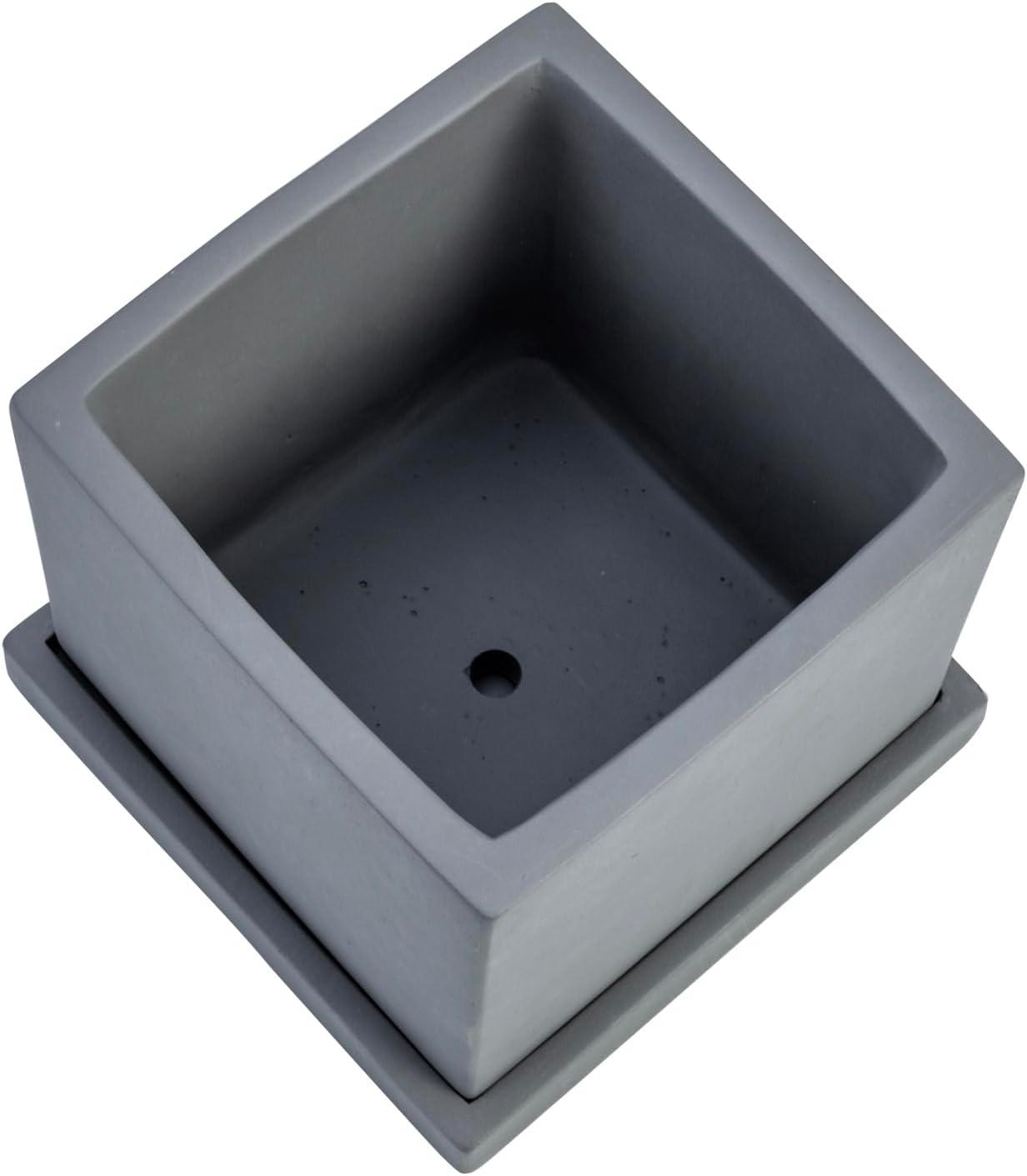 imageMyGift 5Inch Square Light Gray Cement Plant Pot with Drainage Small Flower Succulent Planters with Removable Saucer Trays Set of 2Dark Gray