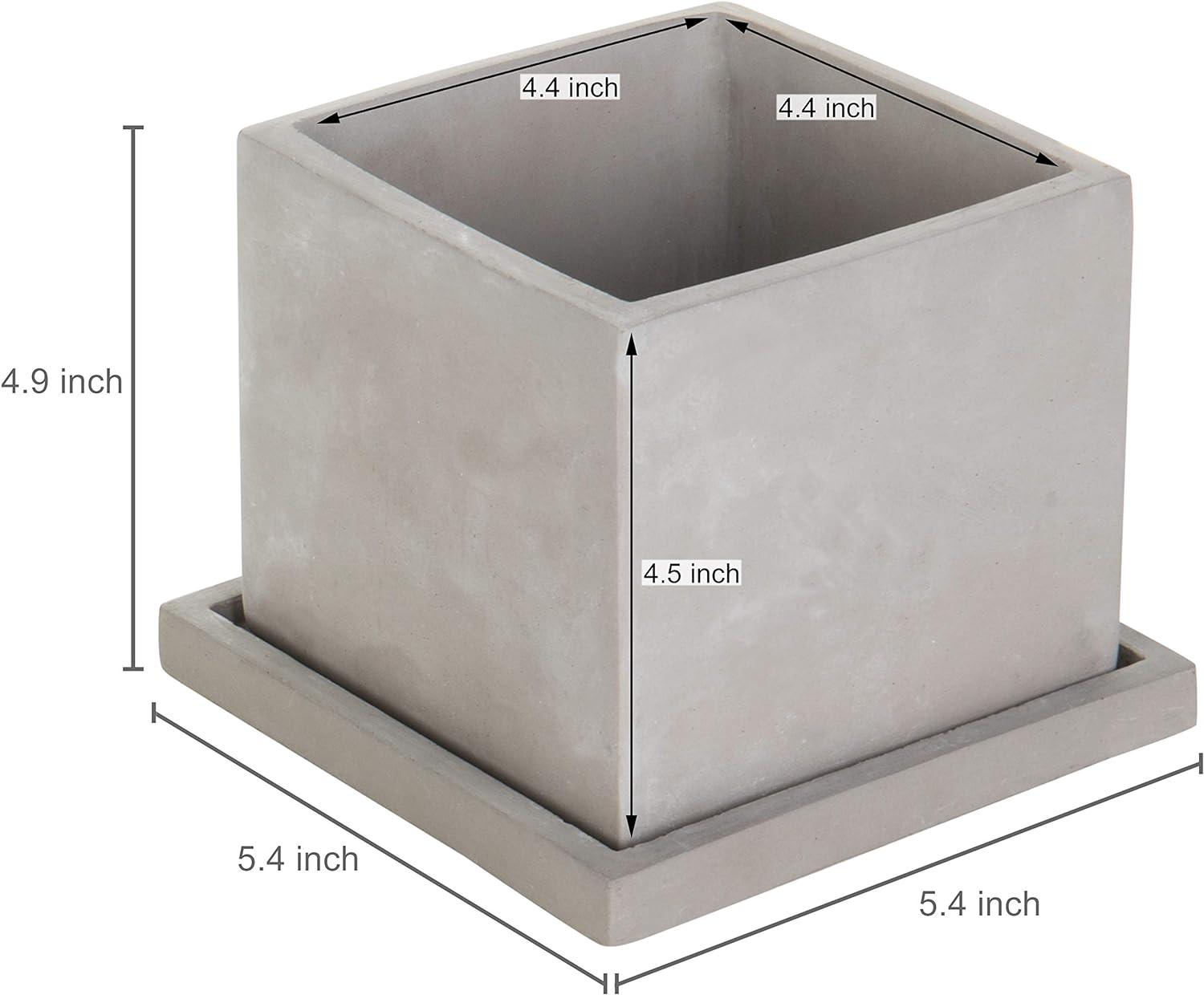 imageMyGift 5Inch Square Light Gray Cement Plant Pot with Drainage Small Flower Succulent Planters with Removable Saucer Trays Set of 2Light Gray