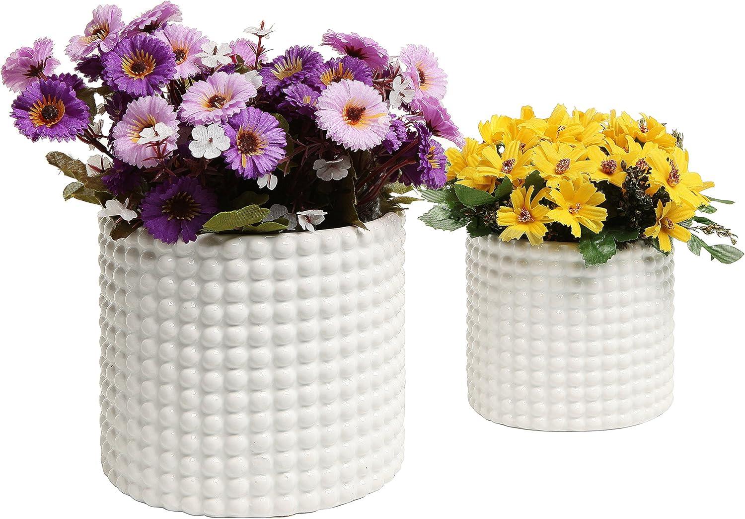 imageMyGift 6 Inch Ceramic Round Planter Pot Set of 2 VintageStyle White Ceramic Flower Pots Indoor Hobnail Textured Cylindrical Succulent Plant ContainersWhite