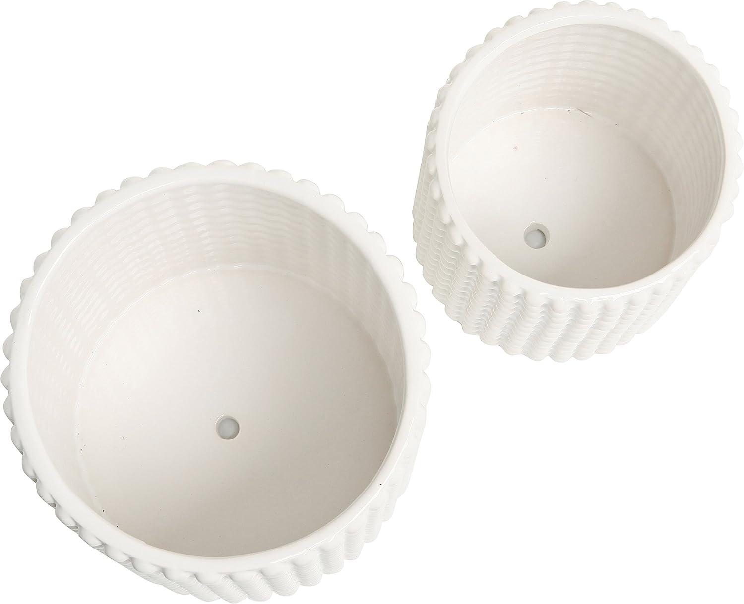 imageMyGift 6 Inch Ceramic Round Planter Pot Set of 2 VintageStyle White Ceramic Flower Pots Indoor Hobnail Textured Cylindrical Succulent Plant ContainersWhite