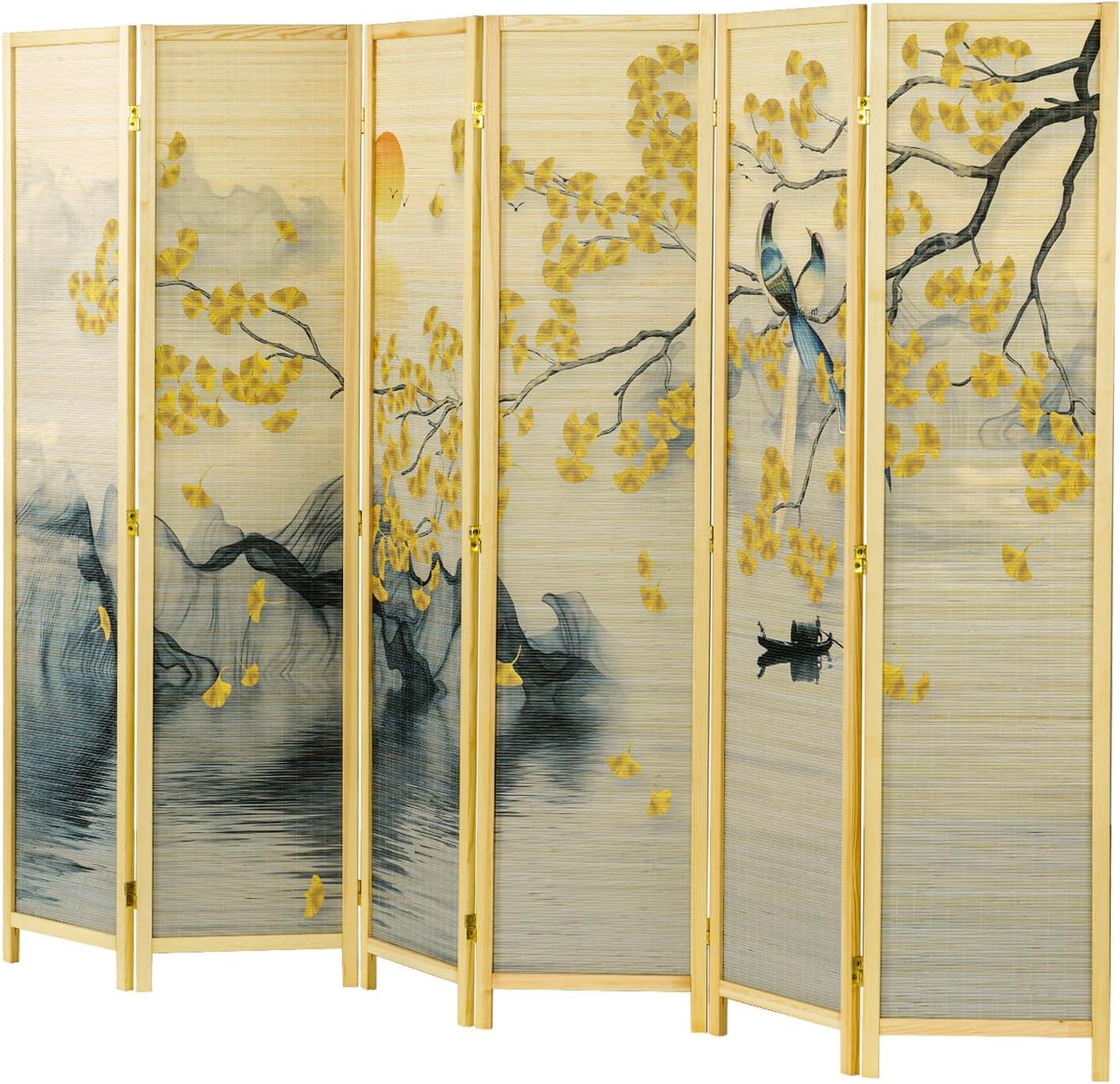 imageMyGift 6 Panel Large Bamboo Room Divider with Dual Sided Asian Birds Gingko Biloba Tree Sunset Design Print 6FT Freestanding Artwork Privacy Partition Folding Screen with Beige Solid Wood Frame