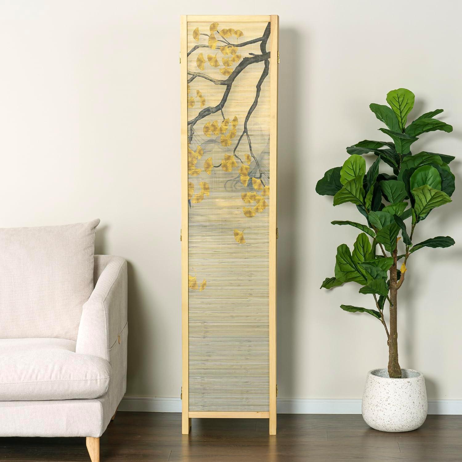imageMyGift 6 Panel Large Bamboo Room Divider with Dual Sided Asian Birds Gingko Biloba Tree Sunset Design Print 6FT Freestanding Artwork Privacy Partition Folding Screen with Beige Solid Wood Frame