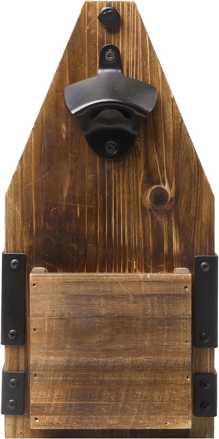 imageMyGift 6 Slot Rustic Burnt Wood Beer Caddy with Bottle Opener and Cap Catcher and Industrial Black Metal BEER Cutout Design