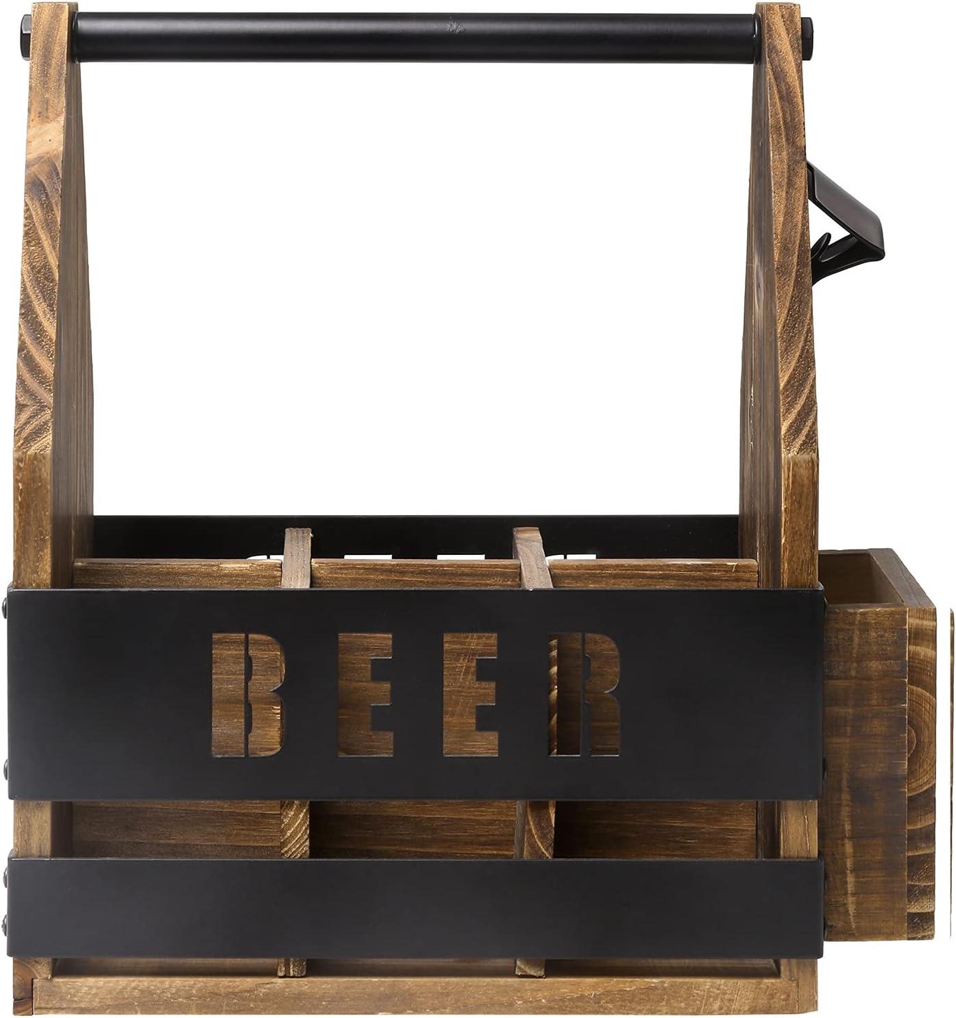 imageMyGift 6 Slot Rustic Burnt Wood Beer Caddy with Bottle Opener and Cap Catcher and Industrial Black Metal BEER Cutout Design