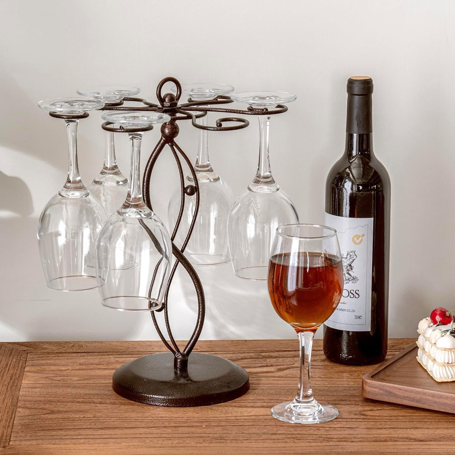 imageMyGift 6Hook Rotating Wine Glass Rack with Sturdy Base ampamp Scrollwork Design Black Metal Countertop Stemware Holder RustResistant SpaceSaving Storage for Kitchen Bar Dining Table 1375quot HBronze