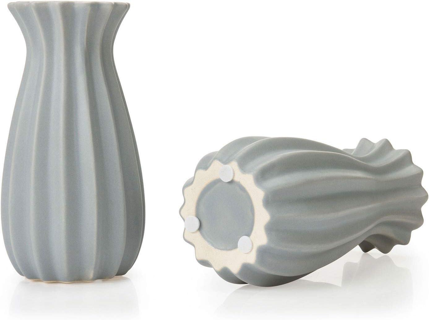 imageMyGift 7inch Vintage Matte Gray Tulip Design Ribbed Ceramic Flower Vases Set of 2