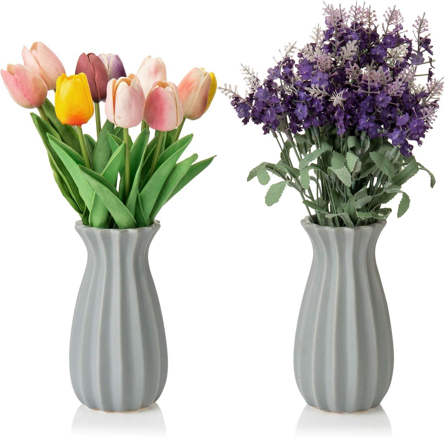 imageMyGift 7inch Vintage Matte Gray Tulip Design Ribbed Ceramic Flower Vases Set of 2