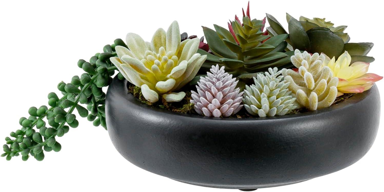 imageMyGift 8 Inch Round Modern Artificial Succulent Arrangement Potted in Gray Concrete Plant Bowl Assorted Faux Mini Succulents in a Decorative Planter PotBlack
