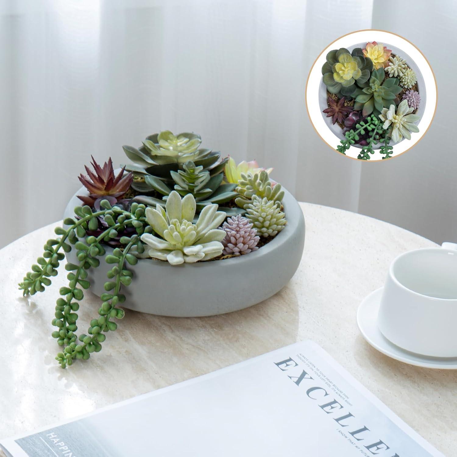 imageMyGift 8 Inch Round Modern Artificial Succulent Arrangement Potted in Gray Concrete Plant Bowl Assorted Faux Mini Succulents in a Decorative Planter PotGrey