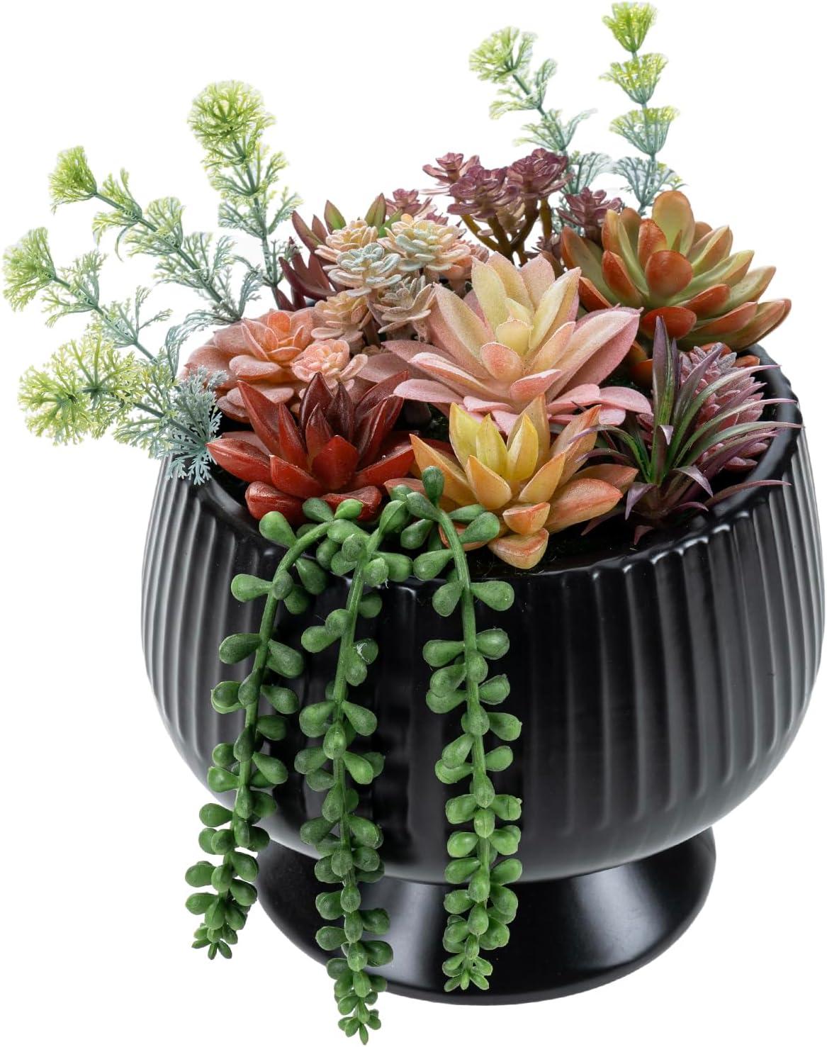 imageMyGift 8 Inch Round Modern Artificial Succulent Arrangement Potted in Gray Concrete Plant Bowl Assorted Faux Mini Succulents in a Decorative Planter PotRed