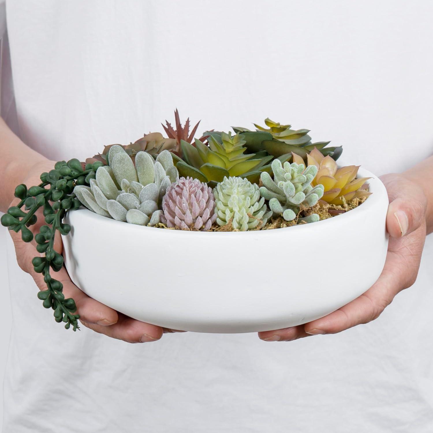 imageMyGift 8 Inch Round Modern Artificial Succulent Arrangement Potted in Gray Concrete Plant Bowl Assorted Faux Mini Succulents in a Decorative Planter PotWhite