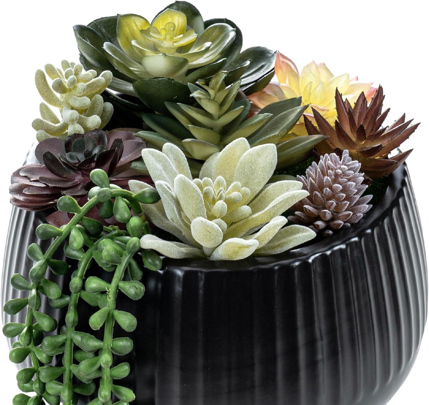 imageMyGift 8 Inch Round Modern Artificial Succulent Arrangement Potted in Gray Concrete Plant Bowl Assorted Faux Mini Succulents in a Decorative Planter PotGreen