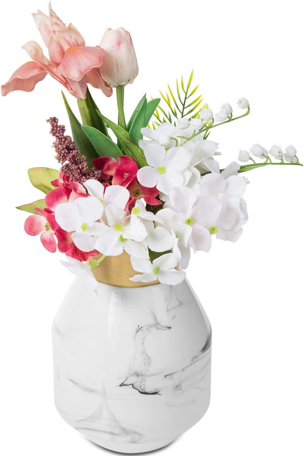 imageMyGift 8inch White Marble Pattern Ceramic Tabletop Centerpiece Decor Flower Vase with Gold Rim