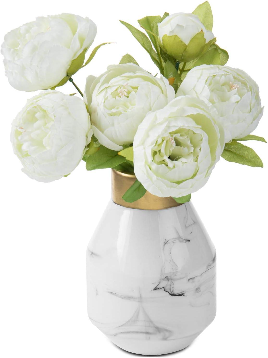 imageMyGift 8inch White Marble Pattern Ceramic Tabletop Centerpiece Decor Flower Vase with Gold Rim