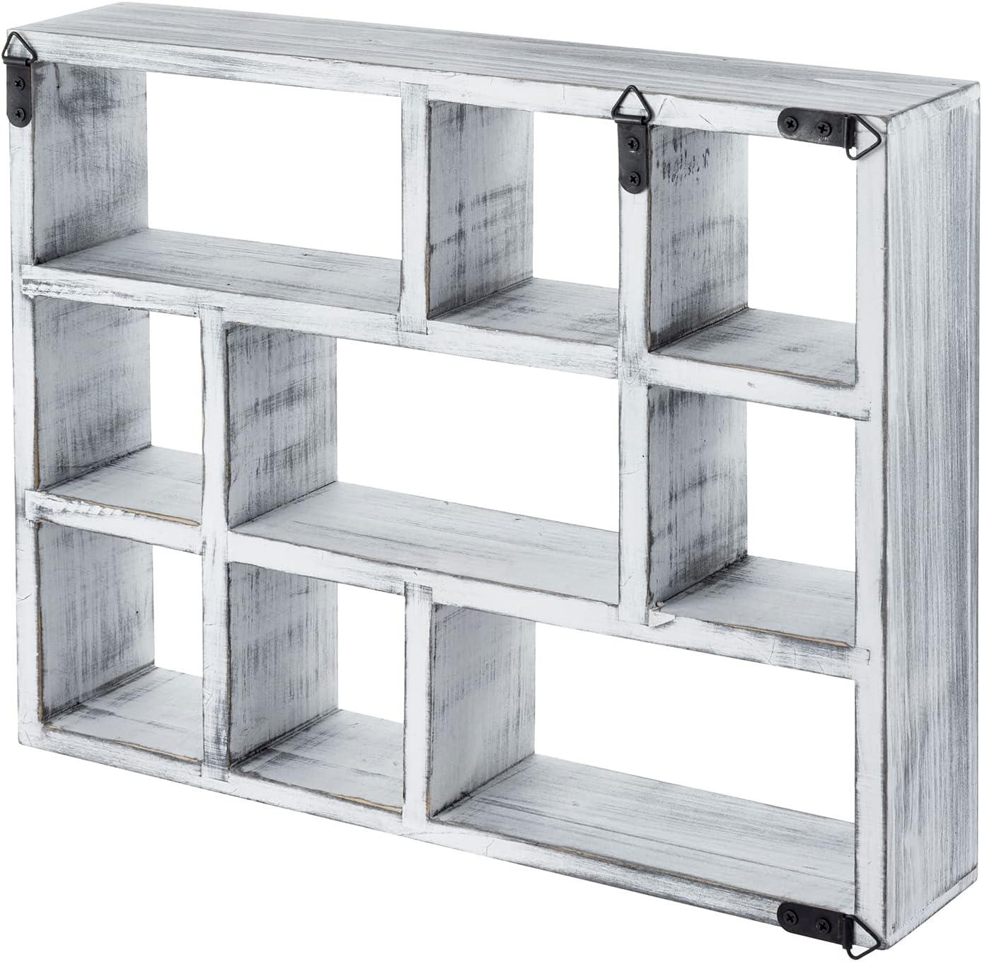 imageMyGift 9 Compartment Vintage White Wood Shadow Box Wall Mountable Curio Display Case Freestanding or Floating Shelf for Collectible Figurines Succulents