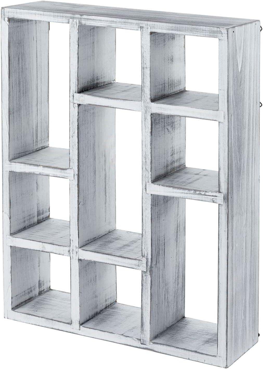 imageMyGift 9 Compartment Vintage White Wood Shadow Box Wall Mountable Curio Display Case Freestanding or Floating Shelf for Collectible Figurines Succulents