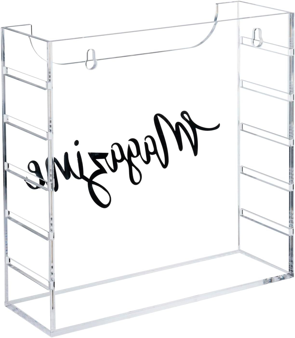 imageMyGift 9 Inch Premium Clear Acrylic Magazine Holder with Decorative Black Cursive Lettering Magazine Label Modern Wall Mounted Storage Box for Magazines