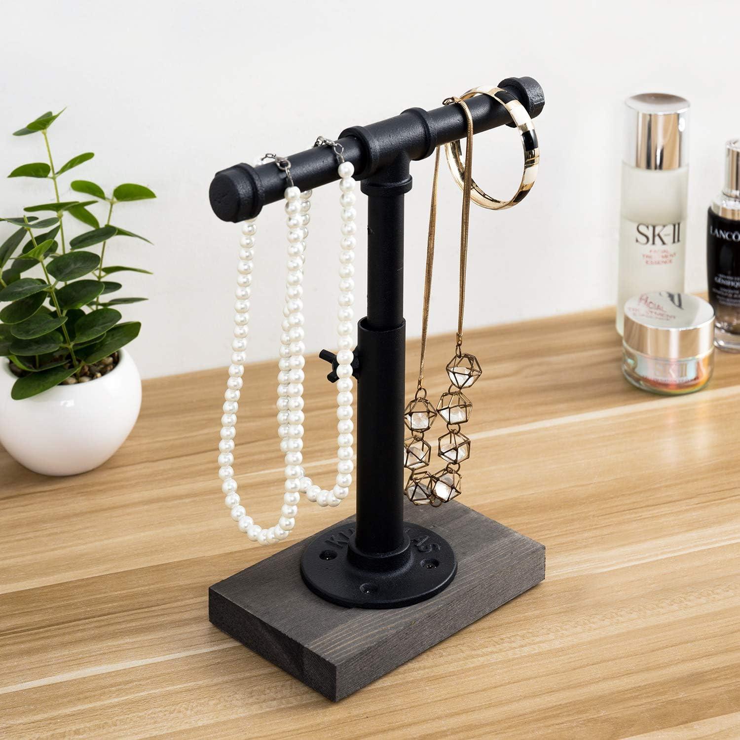 imageMyGift Adjustable 2Tier Industrial Jewelry Display Stand Rustic Metal Pipe ampamp Brown Wood Base for Necklaces Bracelets Watches Home ampamp Boutique Decor 1175quot HBlack Gray