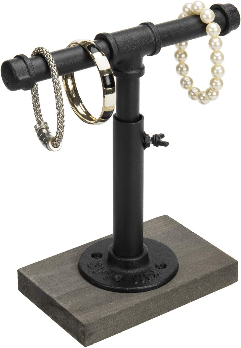 imageMyGift Adjustable 2Tier Industrial Jewelry Display Stand Rustic Metal Pipe ampamp Brown Wood Base for Necklaces Bracelets Watches Home ampamp Boutique Decor 1175quot HBlack Gray