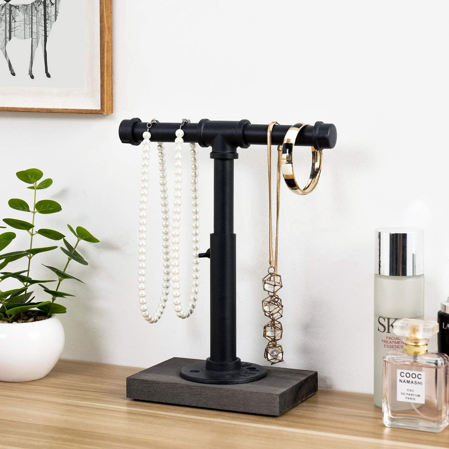 imageMyGift Adjustable 2Tier Industrial Jewelry Display Stand Rustic Metal Pipe ampamp Brown Wood Base for Necklaces Bracelets Watches Home ampamp Boutique Decor 1175quot HBlack Gray