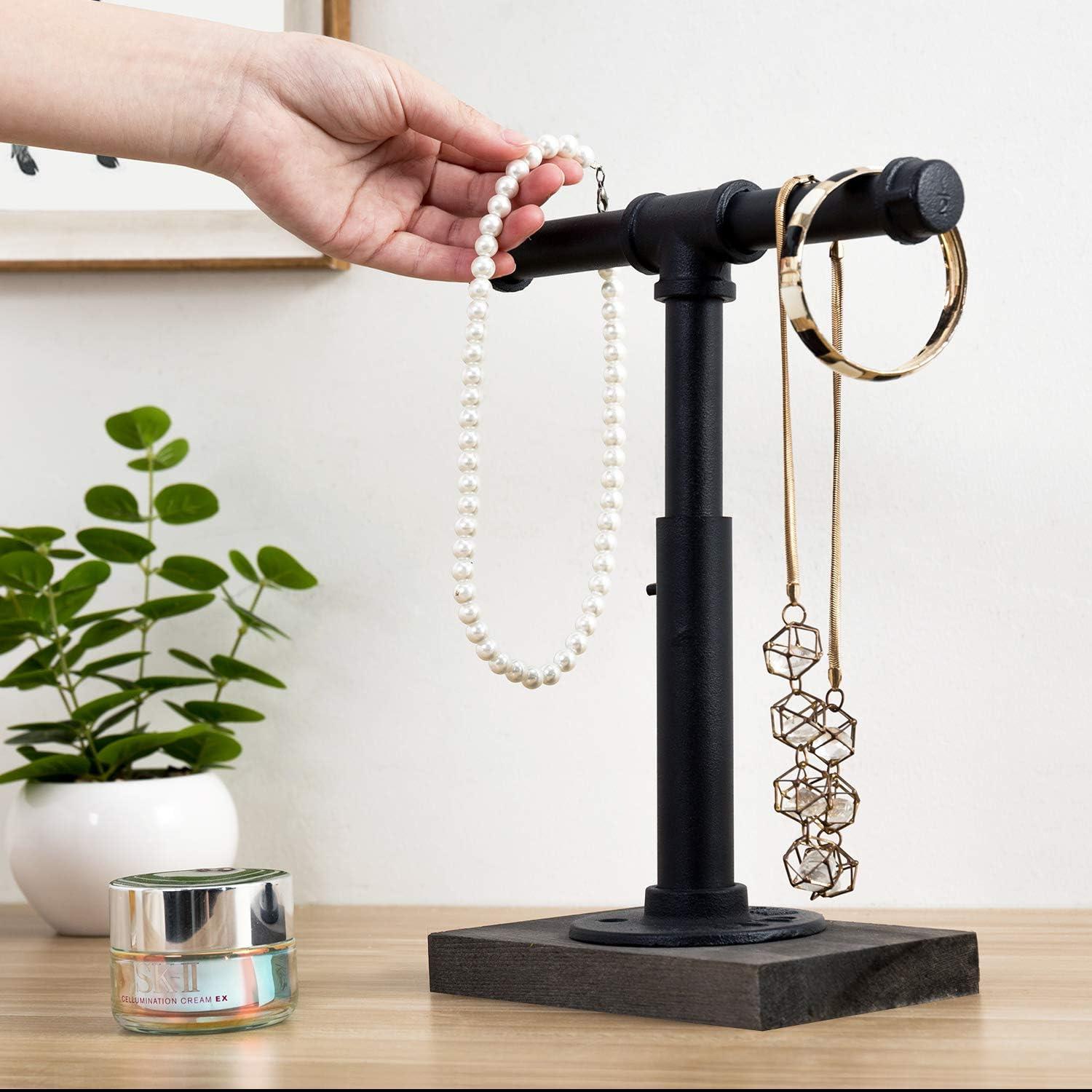 imageMyGift Adjustable 2Tier Industrial Jewelry Display Stand Rustic Metal Pipe ampamp Brown Wood Base for Necklaces Bracelets Watches Home ampamp Boutique Decor 1175quot HBlack Gray