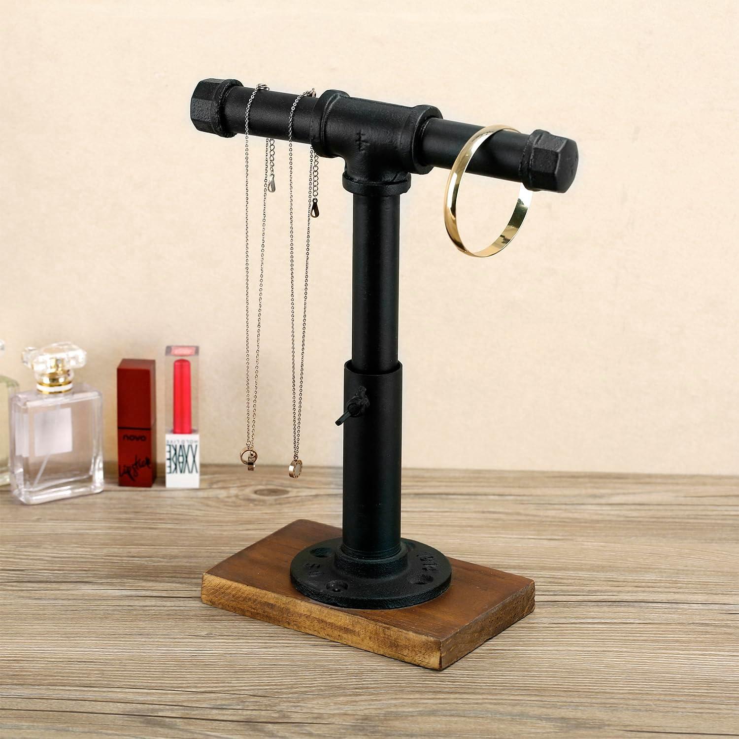 imageMyGift Adjustable 2Tier Industrial Jewelry Display Stand Rustic Metal Pipe ampamp Brown Wood Base for Necklaces Bracelets Watches Home ampamp Boutique Decor 1175quot HBlack Brown