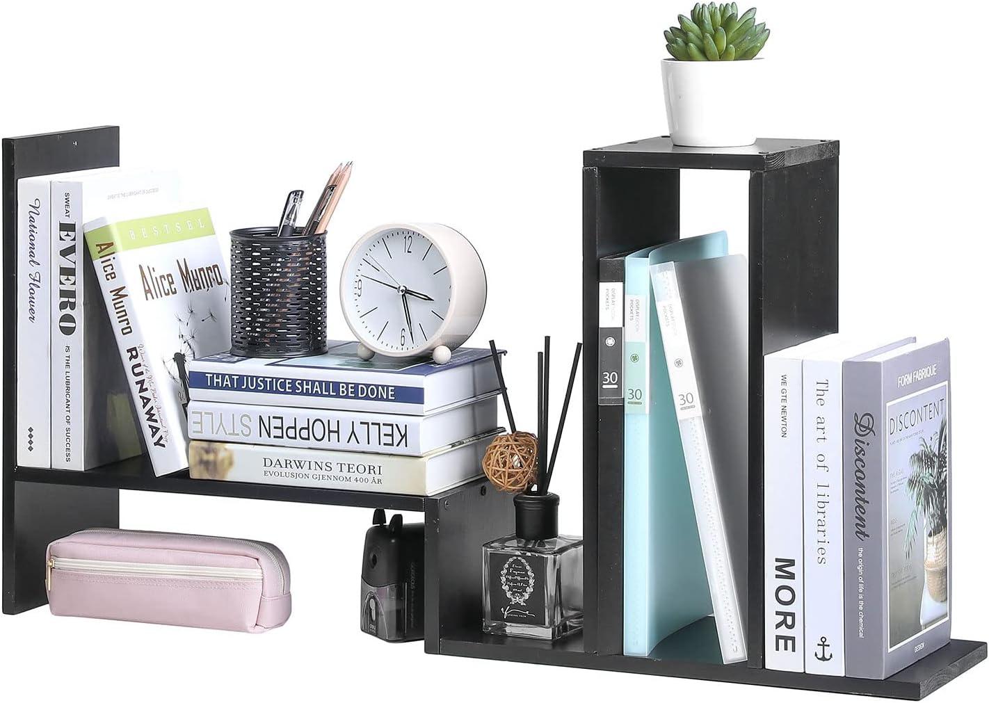 imageMyGift Adjustable Brown Solid Wood Desktop Storage Organizer Display Shelf Book Rack Home Office Desk Decor BookshelfGrey