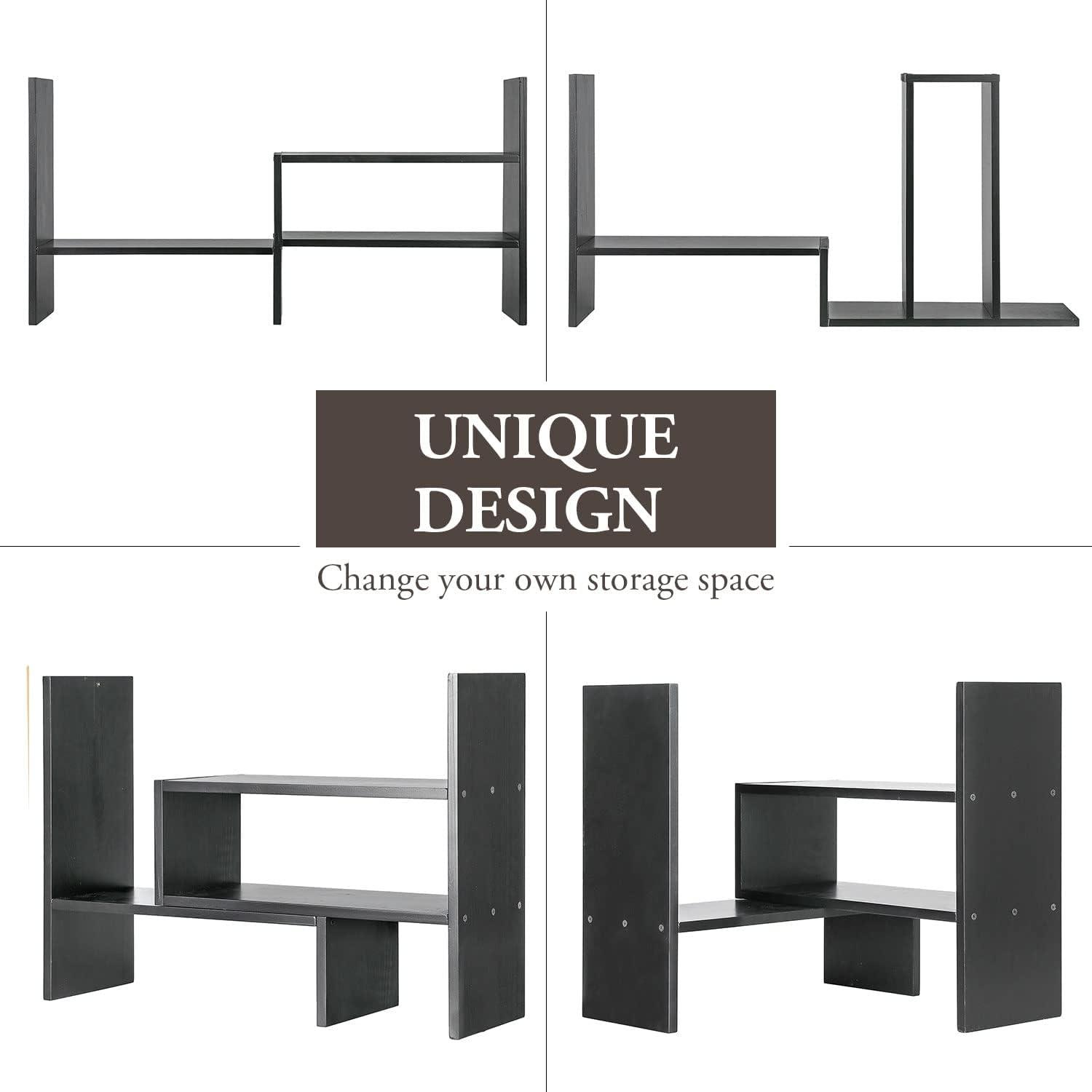 imageMyGift Adjustable Brown Solid Wood Desktop Storage Organizer Display Shelf Book Rack Home Office Desk Decor BookshelfGrey