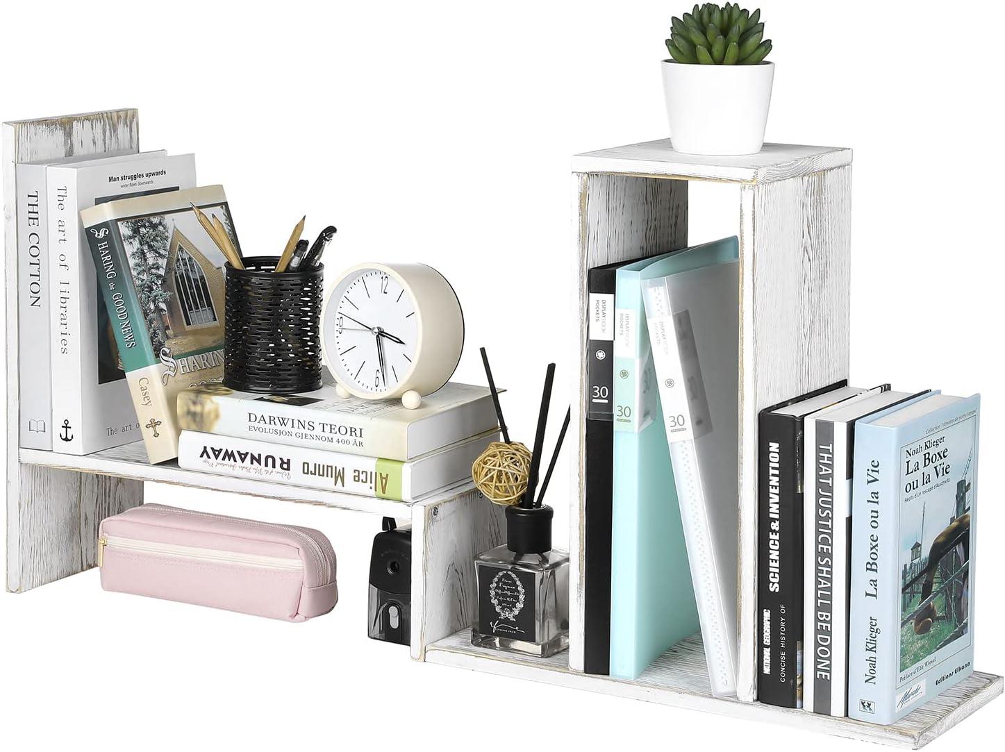 imageMyGift Adjustable Brown Solid Wood Desktop Storage Organizer Display Shelf Book Rack Home Office Desk Decor BookshelfWhitewashed