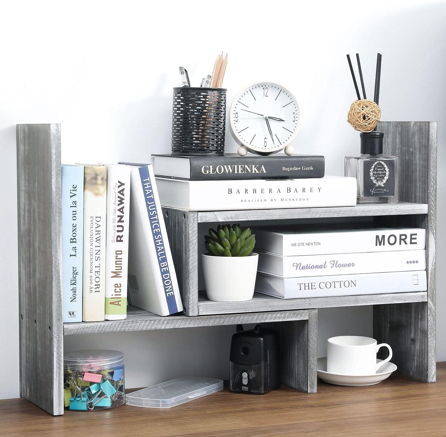 imageMyGift Adjustable Distressed Gray Solid Wood Desktop Storage Organizer Display Shelf Book Rack Office Desk Bookshelf