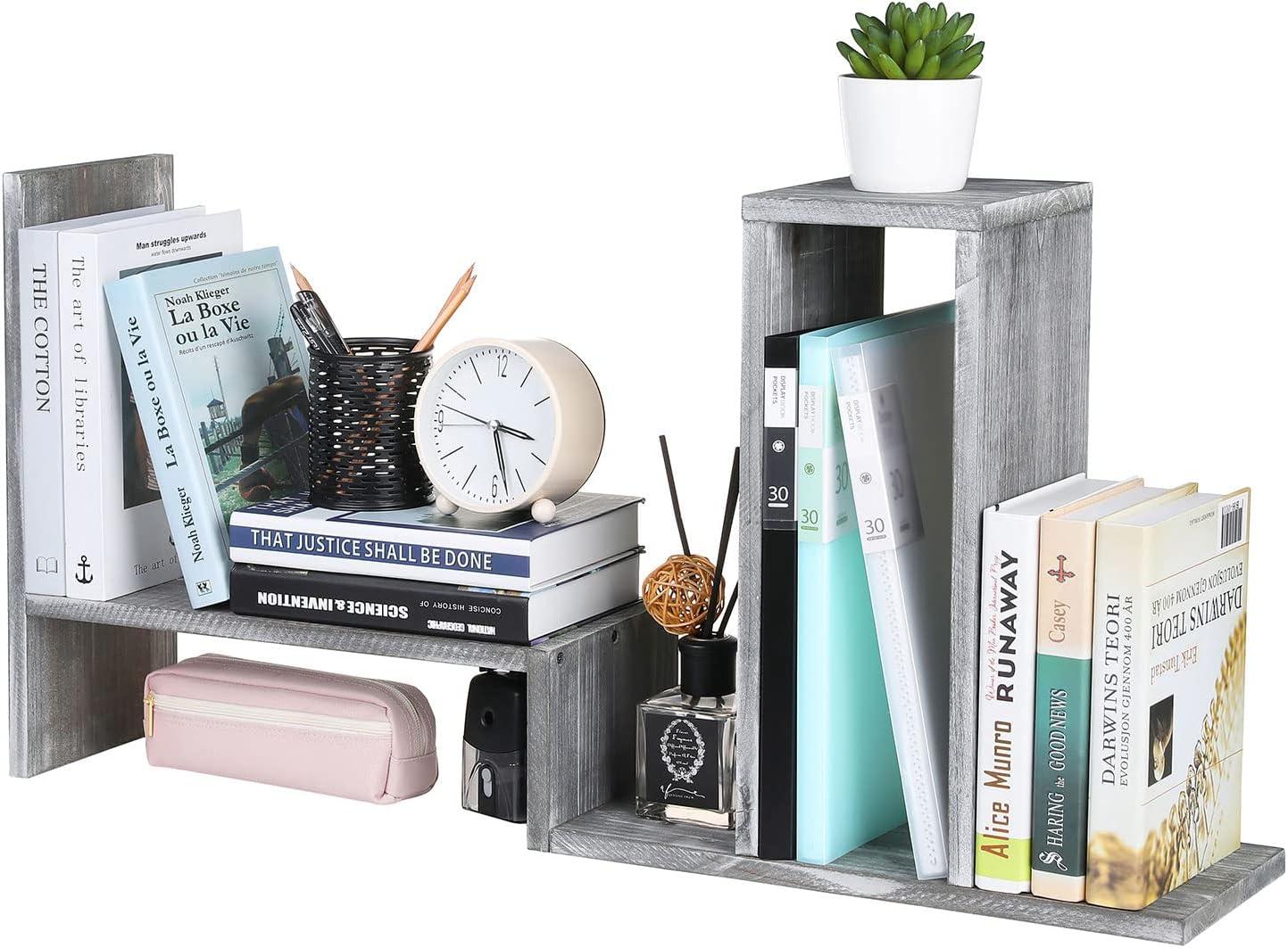 imageMyGift Adjustable Distressed Gray Solid Wood Desktop Storage Organizer Display Shelf Book Rack Office Desk Bookshelf