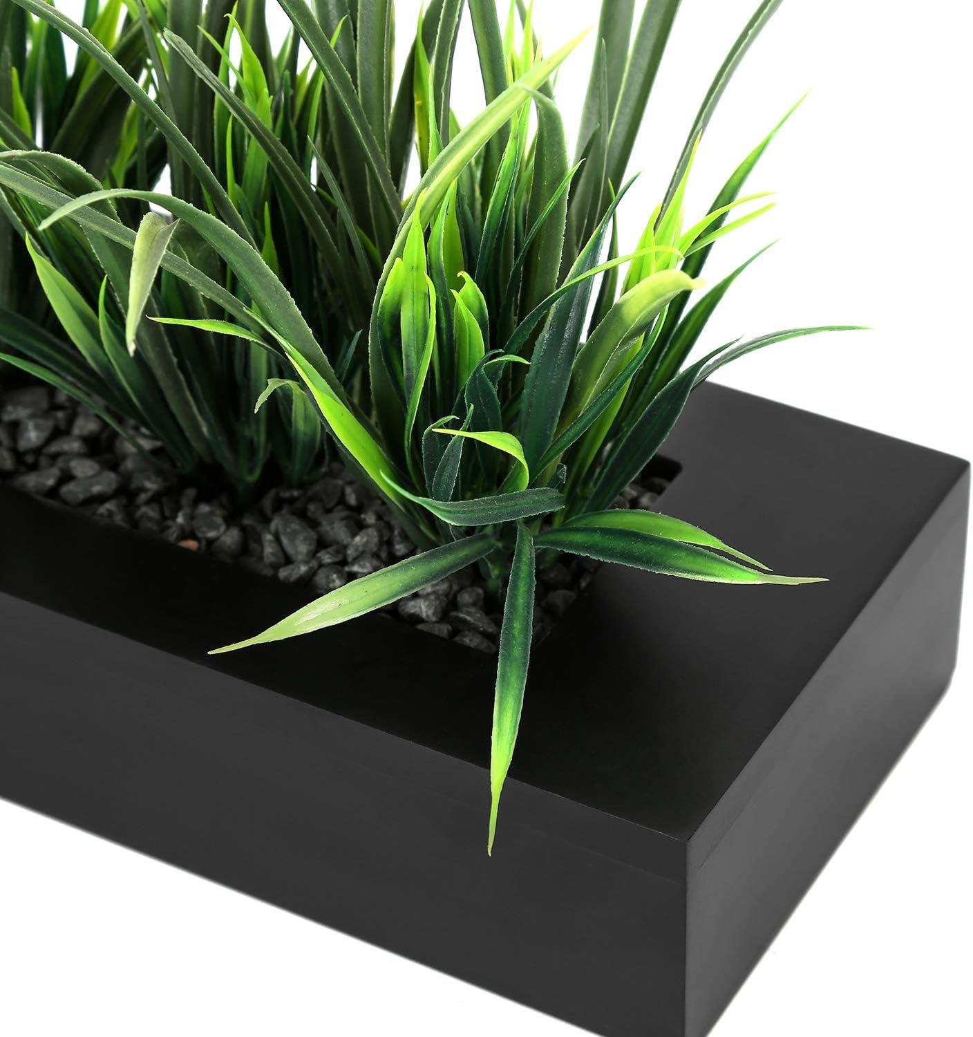 imageMyGift Artificial Green Grass Plants Potted in 9inch Matte Black Wood Decorative Planter Tabletop Faux Greenery in Wooden Rectangular Pot Centerpiece Dcor