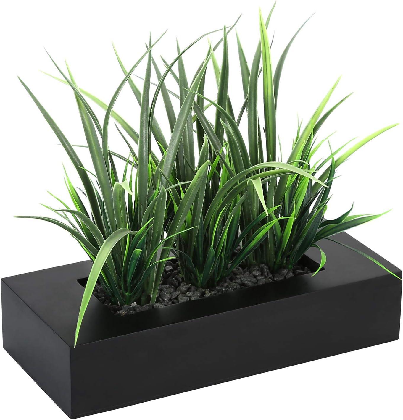 imageMyGift Artificial Green Grass Plants Potted in 9inch Matte Black Wood Decorative Planter Tabletop Faux Greenery in Wooden Rectangular Pot Centerpiece Dcor