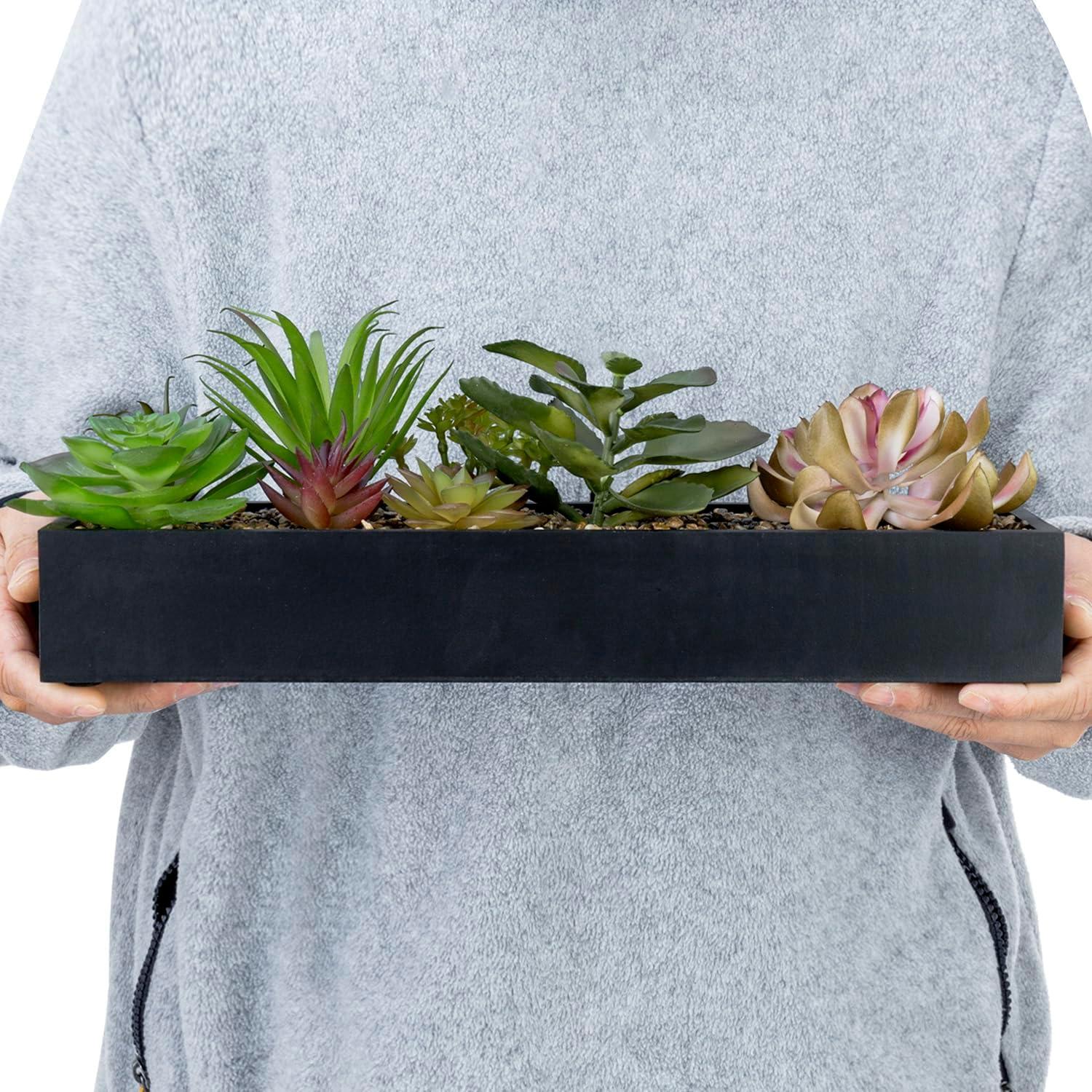 imageMyGift Artificial Succulent Centerpiece1575 Inch Faux Succulents Arrangement Plants in Sleek Black Wooden Rectangular Planter BoxBlack Wood