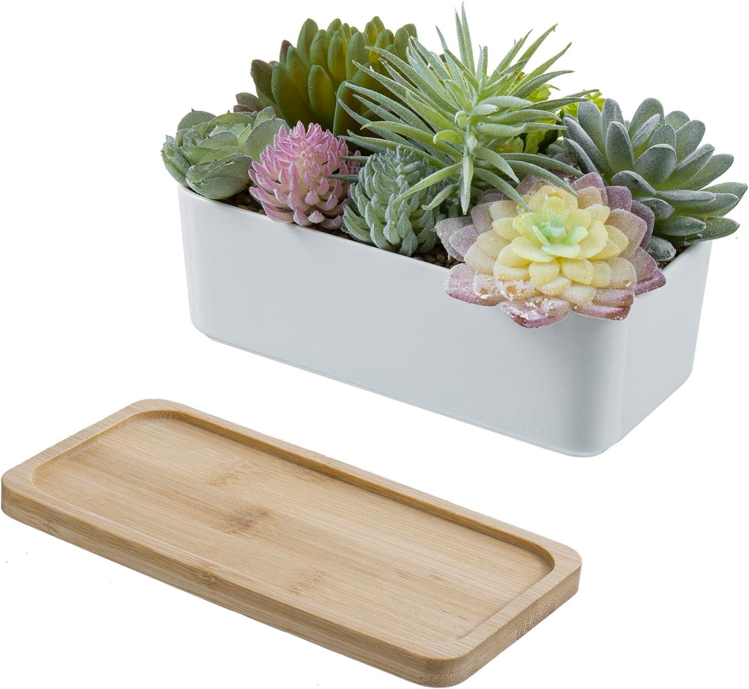 imageMyGift Artificial Succulent Centerpiece1575 Inch Faux Succulents Arrangement Plants in Sleek Black Wooden Rectangular Planter BoxWhitewood Tray