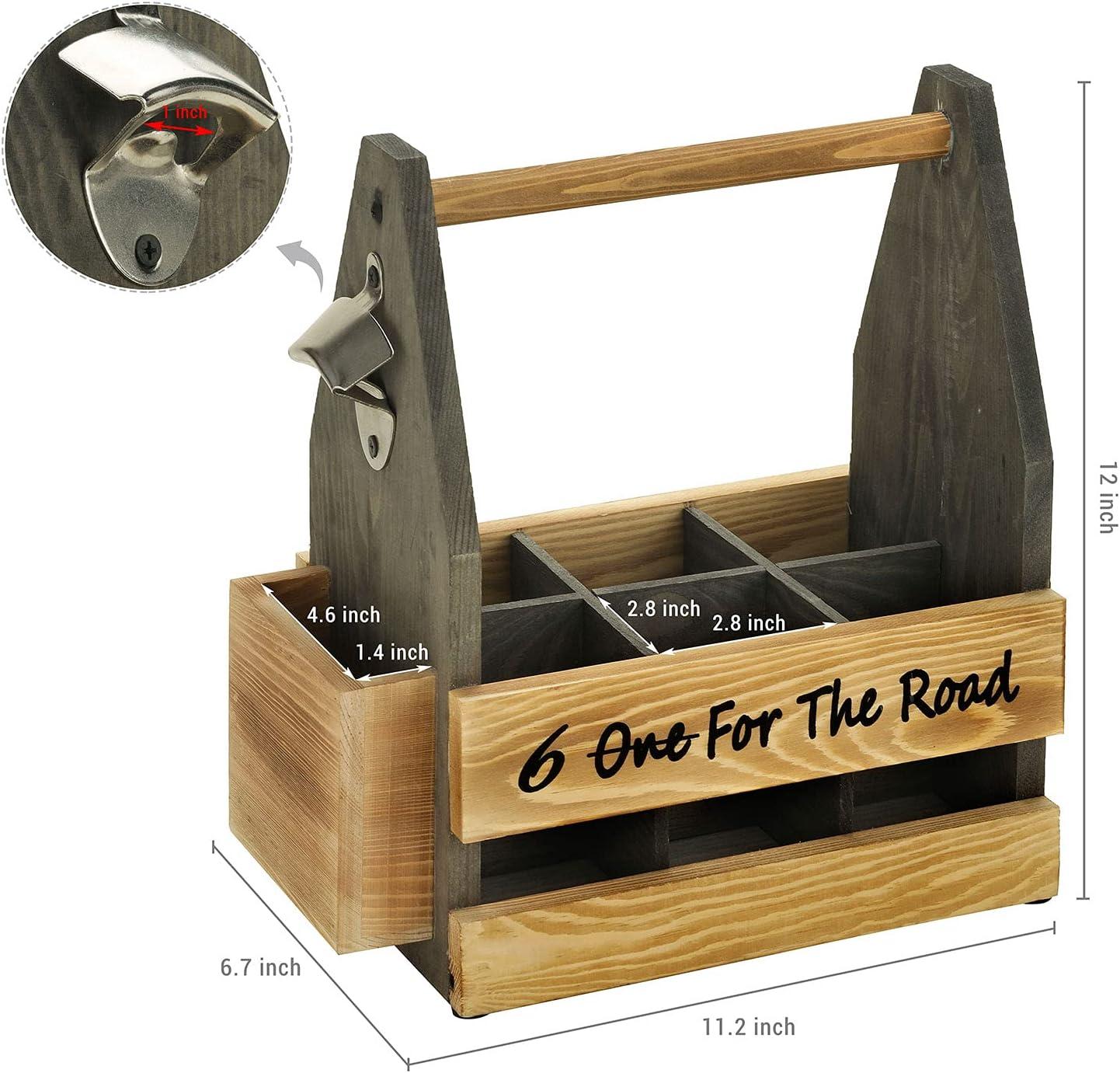 imageMyGift Beer Bottles Caddy with TwoTone Natural Wood with Top Handle Side Bottle Opener and Cap Catcher