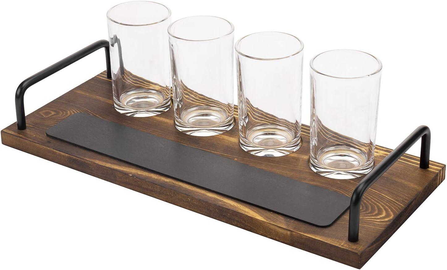 imageMyGift Beer Tasting Glasses and Wooden Fight Board Set Includes 4 Beer Glasses and Rustic Burnt Brown Wood Serving Tray with Metal Handles and Chalkboard Label