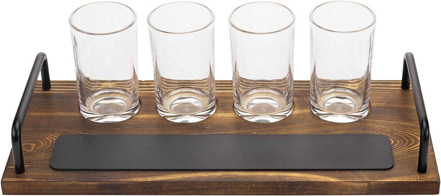 imageMyGift Beer Tasting Glasses and Wooden Fight Board Set Includes 4 Beer Glasses and Rustic Burnt Brown Wood Serving Tray with Metal Handles and Chalkboard Label