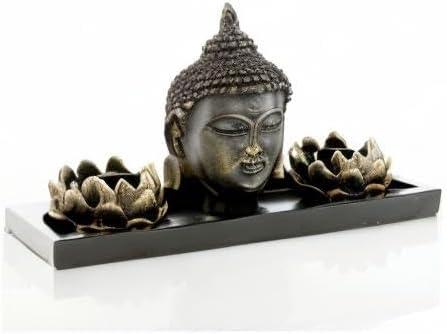 imageMyGift Black Buddha Head Sculpture Zen Garden Set with Lotus Tealight Candle Holders and Wooden Display Tray Decorative Tabletop Home AccentBlack