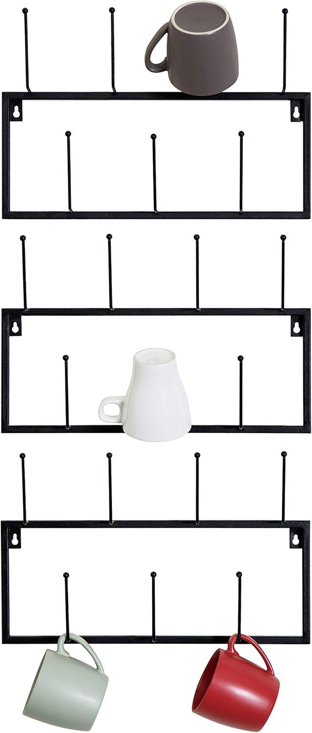 imageMyGift Black Metal Coffee Mug Rack Wall Mounted Hanging Storage Coffee Bar Accessories Rack with 21 Hooks Set of 3
