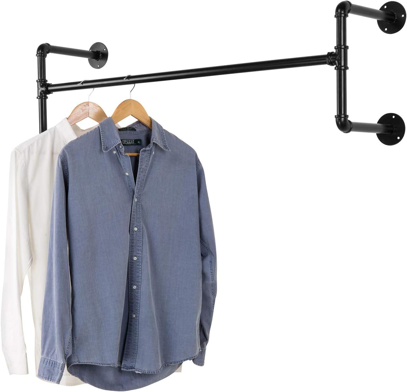 imageMyGift Black Metal WallMounted Industrial Pipe Design Garment RackHanging Clothes Bar Display