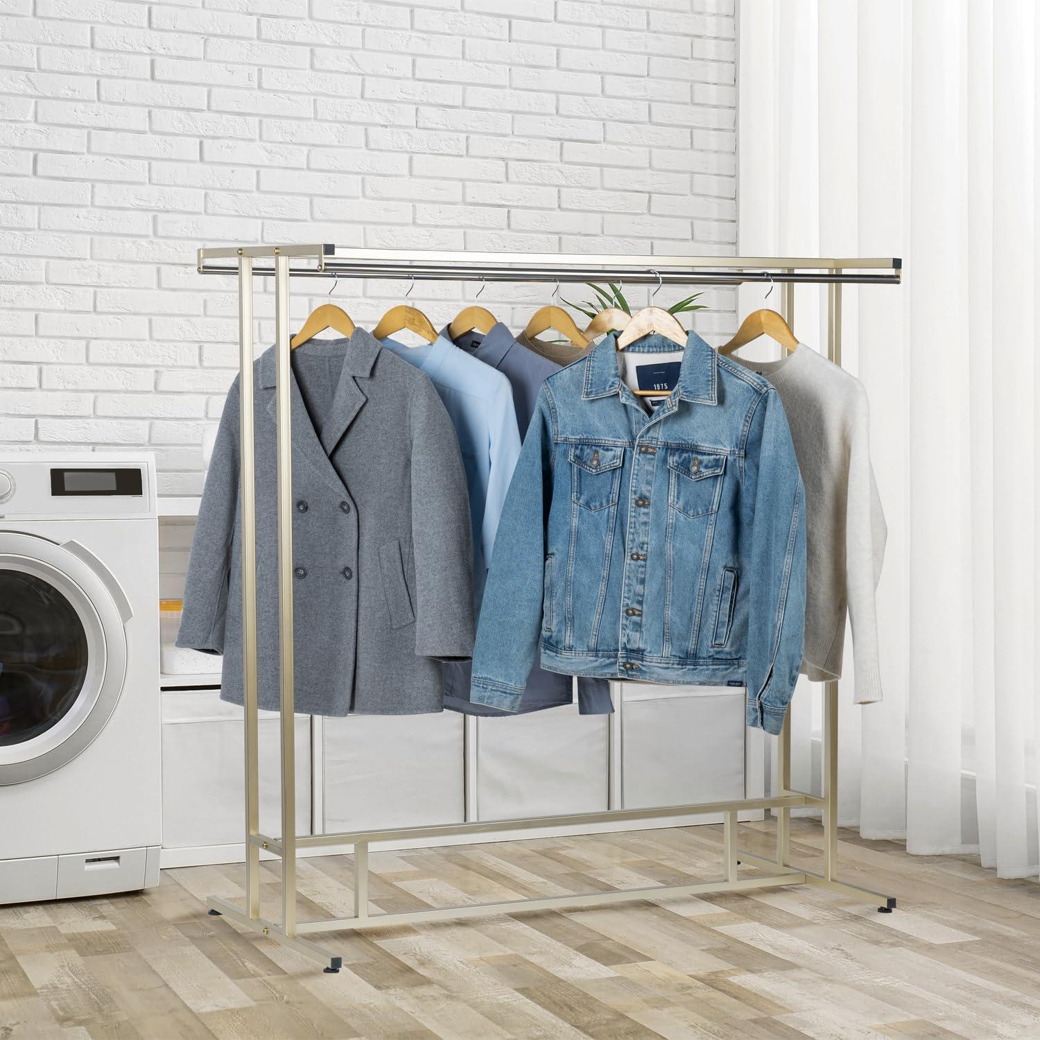 imageMyGift Black Stainless Steel Freestanding Garment Rack Heavy Duty Double Rod Clothes Rack Clothing Hanger Stand with Storage Display ShelfBrass