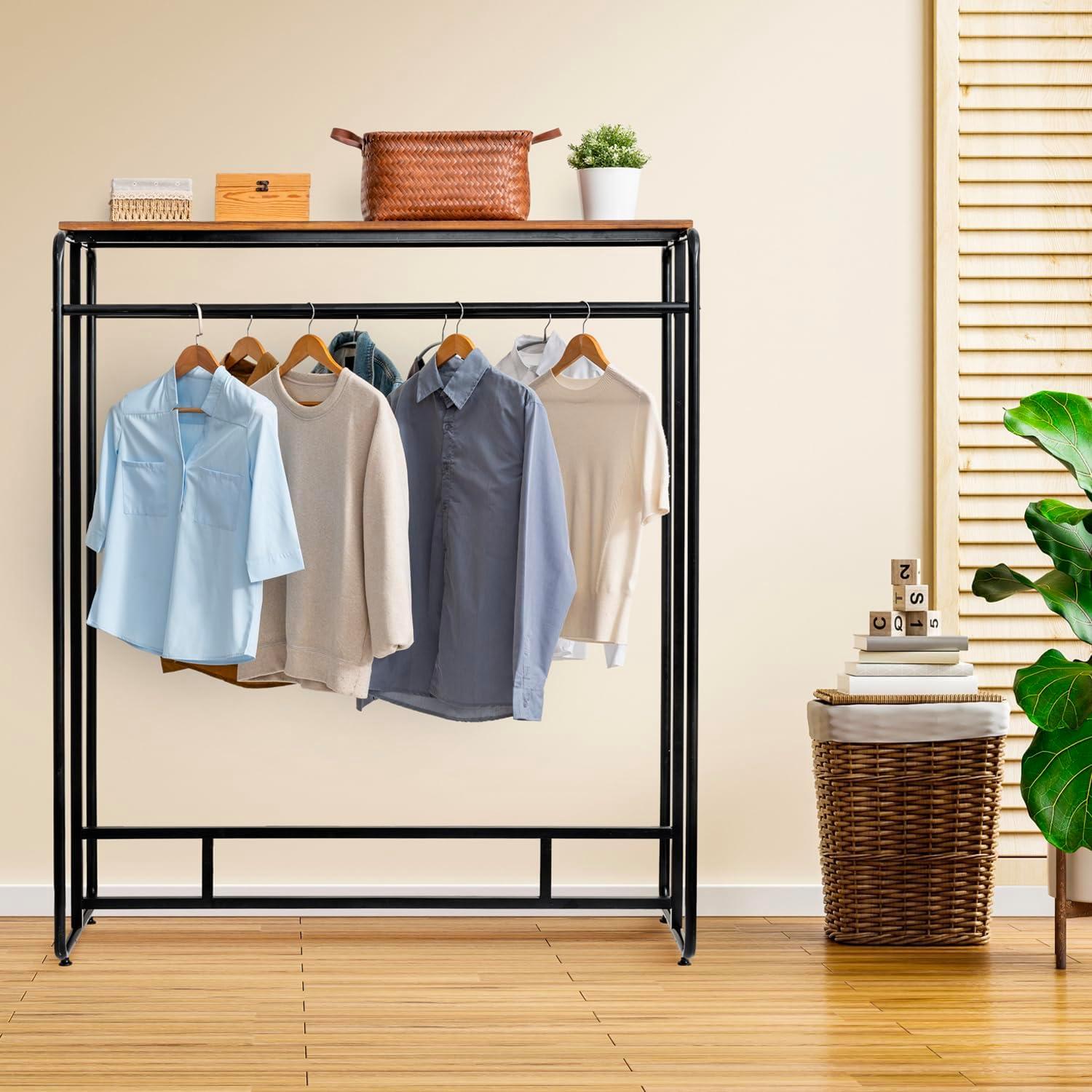 imageMyGift Black Stainless Steel Freestanding Garment Rack Heavy Duty Double Rod Clothes Rack Clothing Hanger Stand with Storage Display ShelfBurnt Solid Wood Shelf