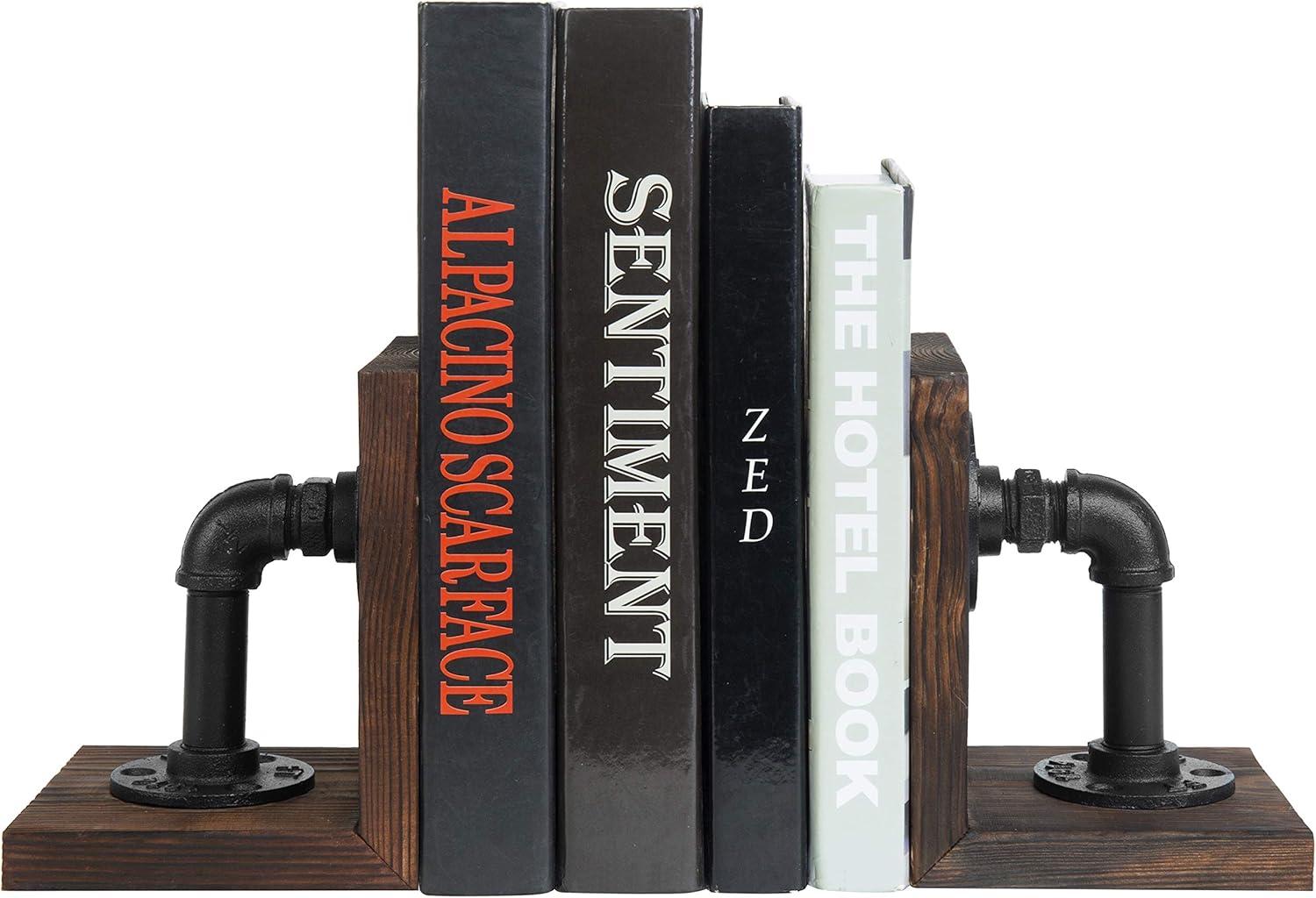 imageMyGift Book EndsBookends for ShelvesMetal Bookends for Heavy BooksWood Decorative Book Stopperwith Realistic Industrial Pipe DesignDark Brown Book End for Home OfficeDark Brown