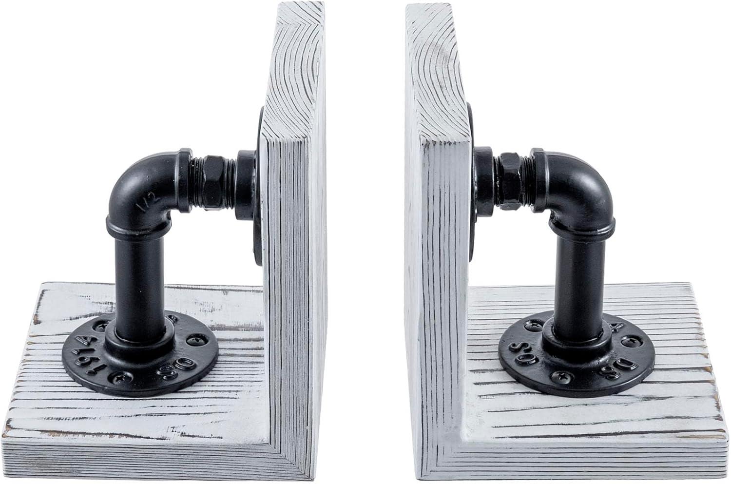 imageMyGift Book EndsBookends for ShelvesMetal Bookends for Heavy BooksWood Decorative Book Stopperwith Realistic Industrial Pipe DesignDark Brown Book End for Home OfficeWhite Washed