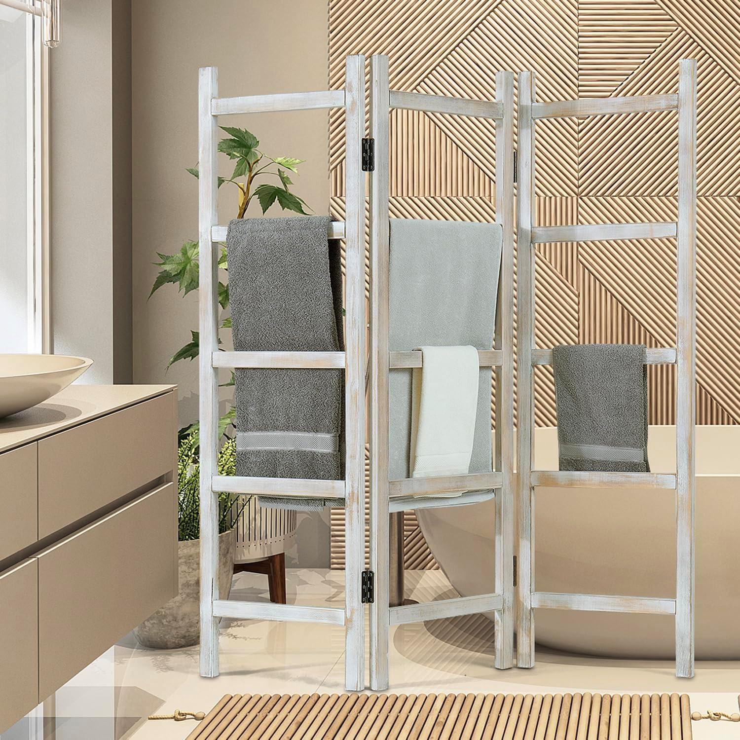 imageMyGift Burnt Wood Blanket Ladder 59quot H Freestanding and Folding 6 Tier and 3 Panel Towel Rack for Bathroom Decorative Display Ladder Shelf Quit Rack for Living Room BrownWhitewashed